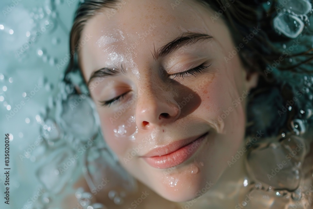 A woman is in a bathtub with ice cubes in the water. She is smiling and looking at the camera A woman is in a bathtub with ice cubes in the water. She is smiling and looking at the camera