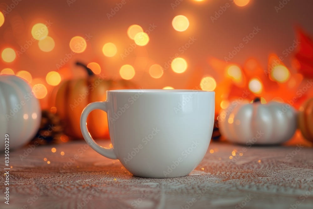 Cozy Autumn Ambiance with Warm Cup and Decorative Pumpkins