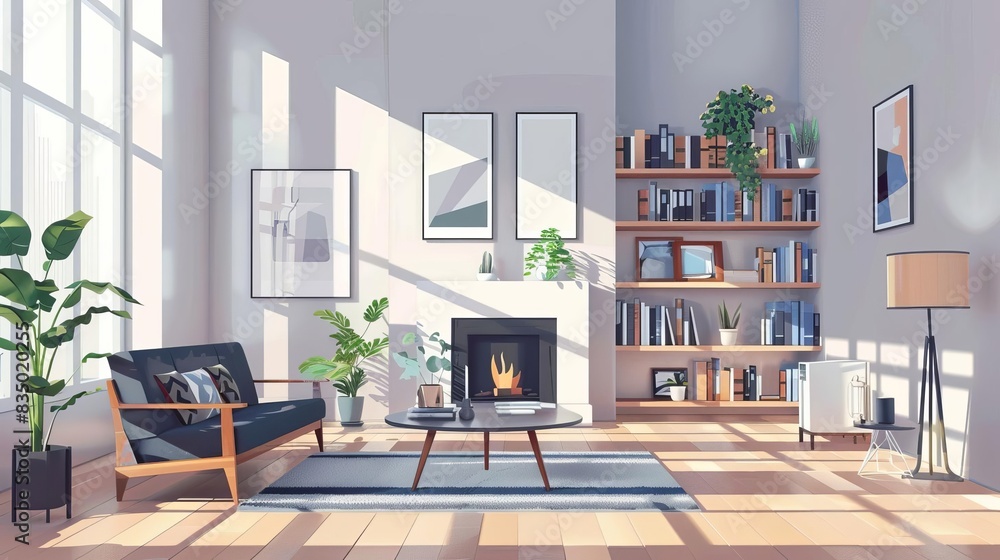 Fototapeta premium scandinavian loft interior design of modern living room with fireplace cozy and minimalist concept illustrations