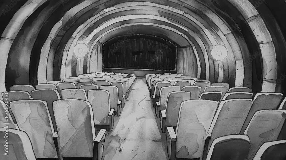 Fototapeta premium Black and white illustration of an empty theater with rows of seats and arched ceiling, capturing a vintage, nostalgic ambiance.