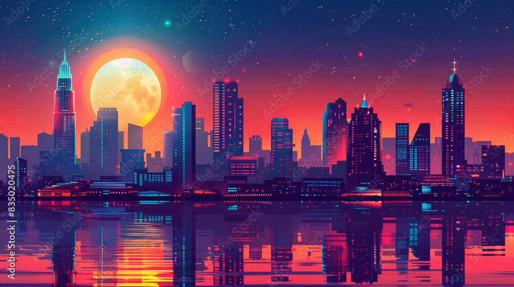 Fototapeta premium Sunset over a futuristic of Bangkok city skyline with reflection