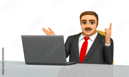 Fat businessman explaining on his laptop