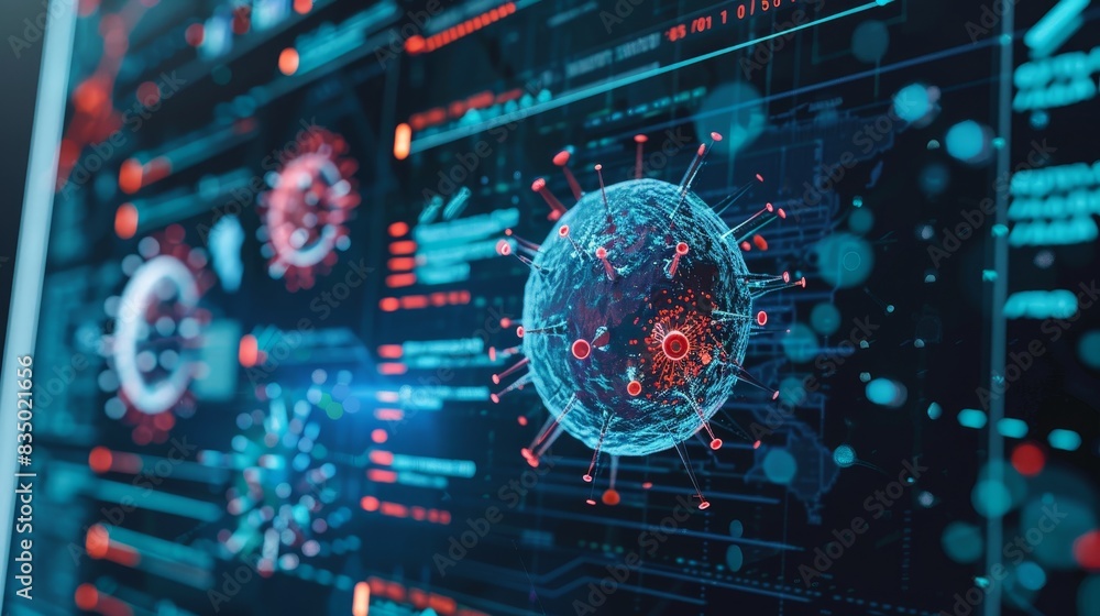 Digital representation of a virus with data and analytics on a screen, indicating cybersecurity threats. Digital representation of a virus with data and analytics on a screen, indicating cybersecurity threats.