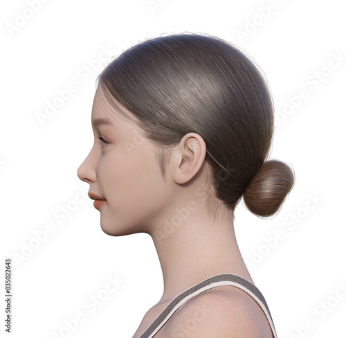 目を開けた若い女性の横顔 ナチュラルでかわいい日本人3Dモデルの上半身 横向きのイラスト