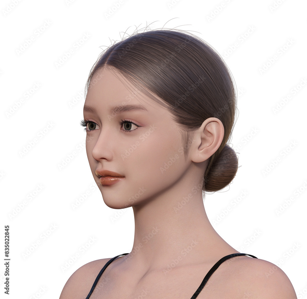 目を開けた女性の斜め横顔イラスト 日本人3Dモデルの上半身顔アップ素材