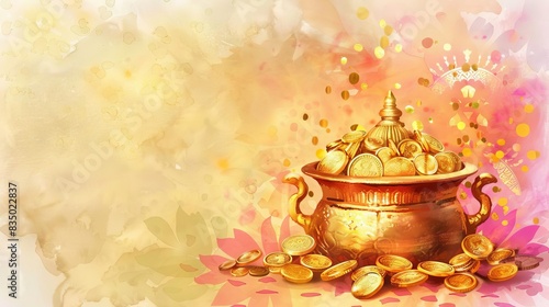 Wallpaper Mural Golden pot brimming with gold coins, side view, Happy Dhanteras in polished, elegant text, background adorned with festive hues and traditional designs, watercolor style Torontodigital.ca