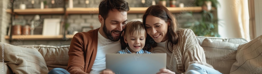Happy family sitting on the couch and watching something on a tablet together in a cozy living room. Parenthood, bonding, technology, indoor. Happy family sitting on the couch and watching something on a tablet together in a cozy living room. Parenthood, bonding, technology, indoor.