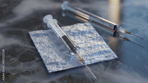 A 3D render of an alcohol prep pad next to a medical syringe photo