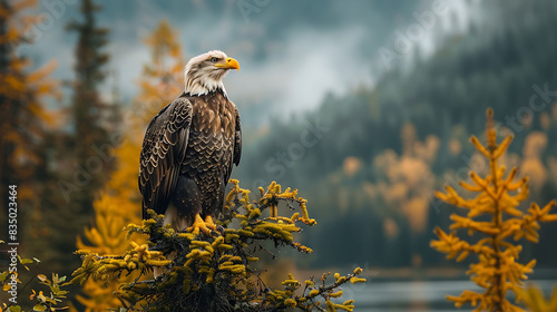 majestic bald eagle perched atop tree captured aweinspiring wildlife photography using DSLR camera supertelephoto lens survey domain keen eye noble bearing symbolizing strength freedom DSLR wildlife photo