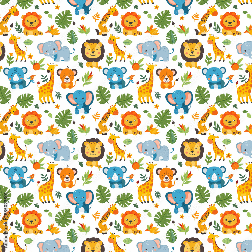 A vibrant and playful seamless pattern featuring cartoon animals like elephants, lions, giraffes, and monkeys among tropical foliage, ai A vibrant and playful seamless pattern featuring cartoon animals like elephants, lions, giraffes, and monkeys among tropical foliage, ai