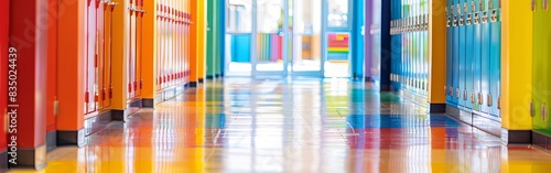 Brightly colored blurred school hallway