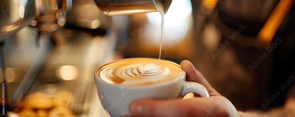 A barista is pouring milk into a cup of coffee A barista is pouring milk into a cup of coffee