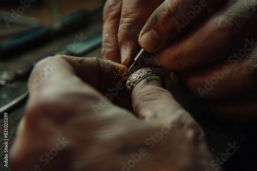 A man is polishing a ring with a brush. The ring is made of gold and has diamonds. The man is wearing gloves while working on the ring