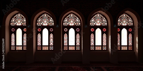 Windows pattern Arabic. An intricately designed Islamic wall with elegant arches, marble columns ornate gold accents. detailed craftsmanship and luxurious materials create a rich, majestic ambiance