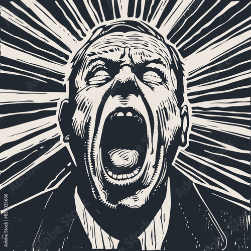 Elderly man in suit yelling, vector illustration