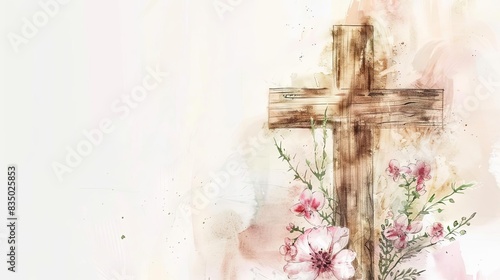 Fototapeta Naklejka Na Ścianę i Meble -  serene christian wooden cross with delicate flowers on muted white background watercolor painting