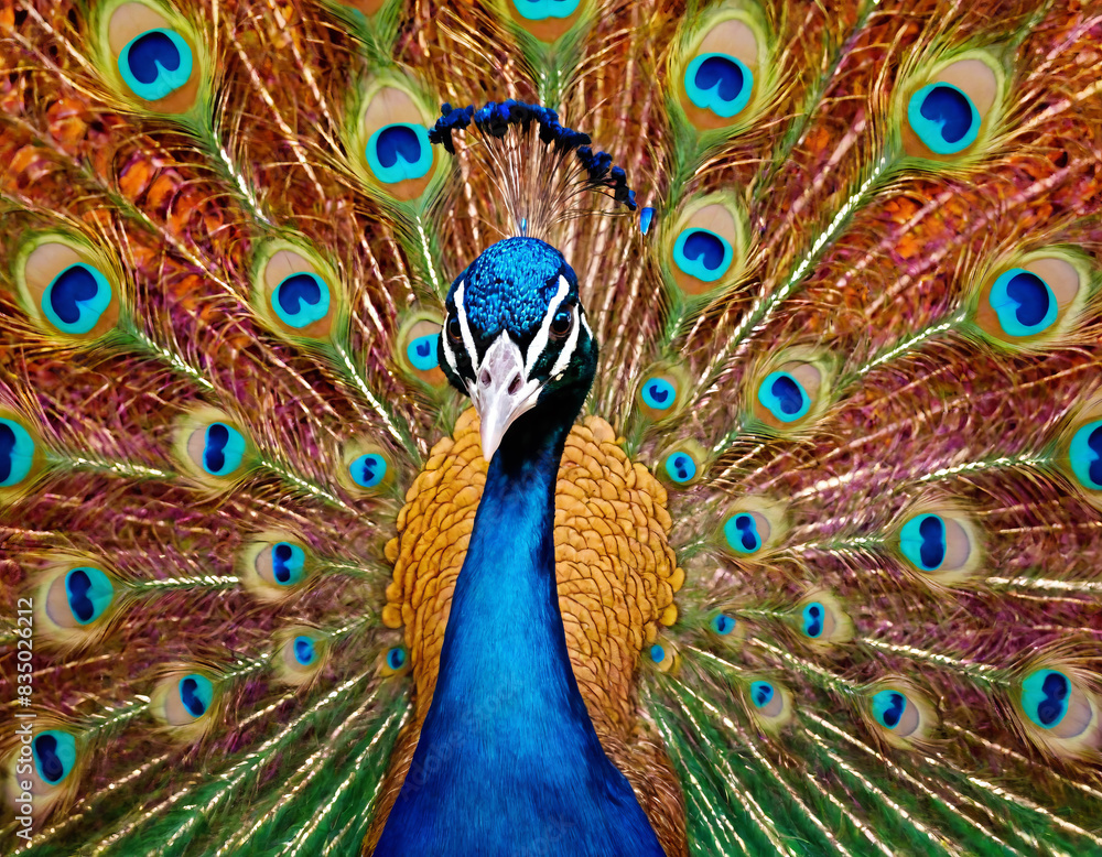 Fototapeta premium Stunning Close-Up of a Peacock with Vibrant, Colorful Feathers Displayed