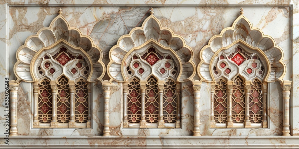 Fototapeta premium Windows pattern Arabic. An intricately designed Islamic wall with elegant arches, marble columns ornate gold accents. detailed craftsmanship and luxurious materials create a rich, majestic ambiance