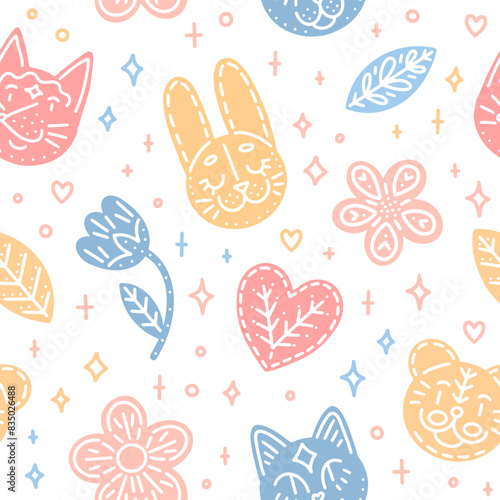 Cute children pattern with animals, flowers, stars and hearts. Vector seamless texture 