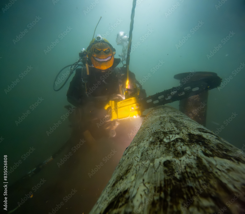 Commercial diver cutting log underwater with chainsaw Commercial diver cutting log underwater with chainsaw