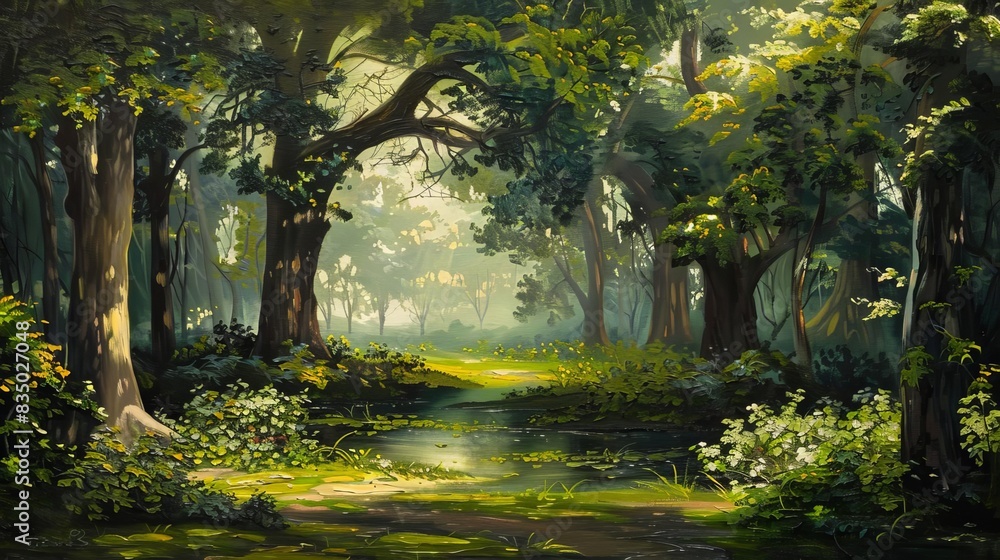 serene garden of eden with lush greenery and majestic trees oil painting serene garden of eden with lush greenery and majestic trees oil painting