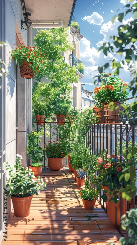 Fototapeta premium 29051000 09 Create a digital artwork of a balcony garden, showcasing potted plants and small trees. Use a clean, modern style with a focus on simplicity and tranquility, using a cohesive color scheme