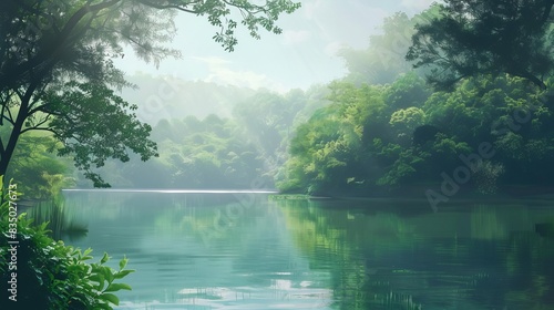 serene lake surrounded by lush trees tranquil nature landscape digital painting
