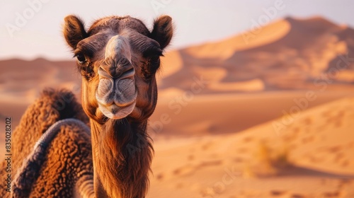 A camel stands in the desert  looking out at the sunset