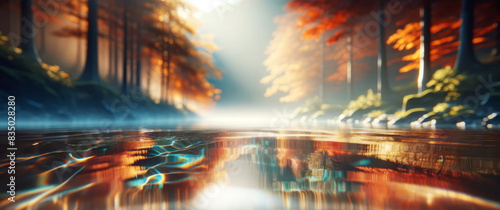 An artistic depiction of a serene forest reflected in water  with a warm  soft light background  evoking a peaceful concept. Generative AI