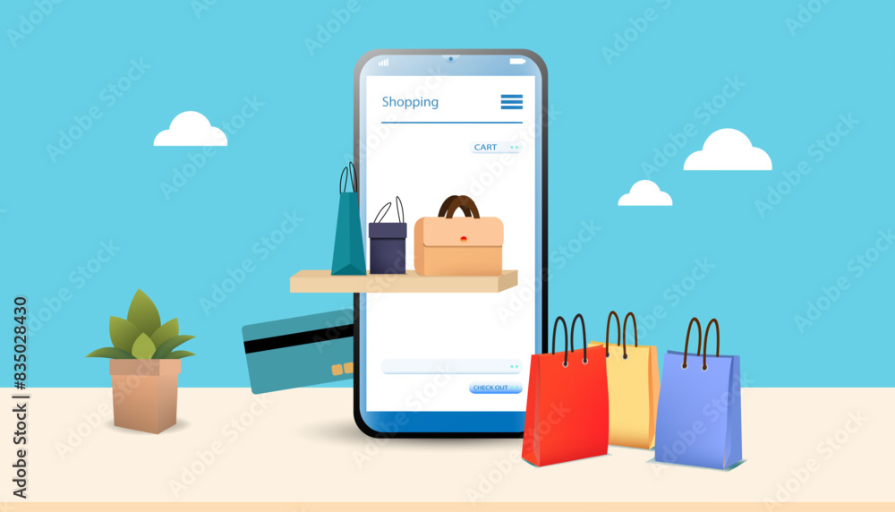 Shopping online concept using smartphone decorated with paper bag cart, basket shop, trolley, cloud and credit card, vector. Shopping online concept using smartphone decorated with paper bag cart, basket shop, trolley, cloud and credit card, vector.