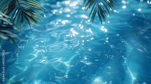 A serene pool surface with sunlight reflections and palm leaf shadows creates a tranquil mood