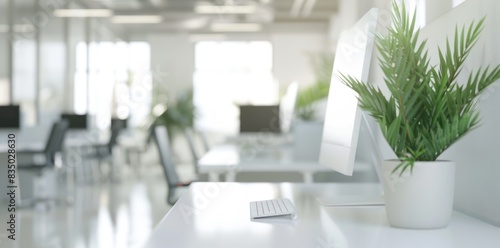 Blurred empty modern office interior with white desks and chairs  computers on tables.