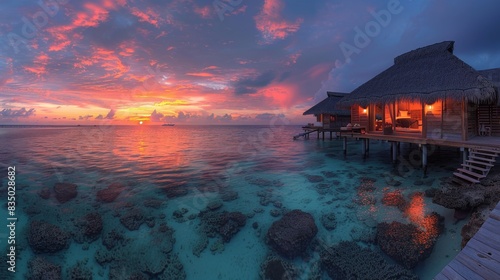 An overwater bungalow with thatched roof against a vibrant sunset with pink and orange clouds reflected in a tranquil ocean