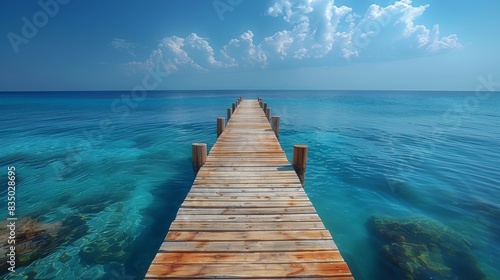 A tranquil wooden pier leading out over crystal-clear turquoise waters under a blue sky with fluffy clouds