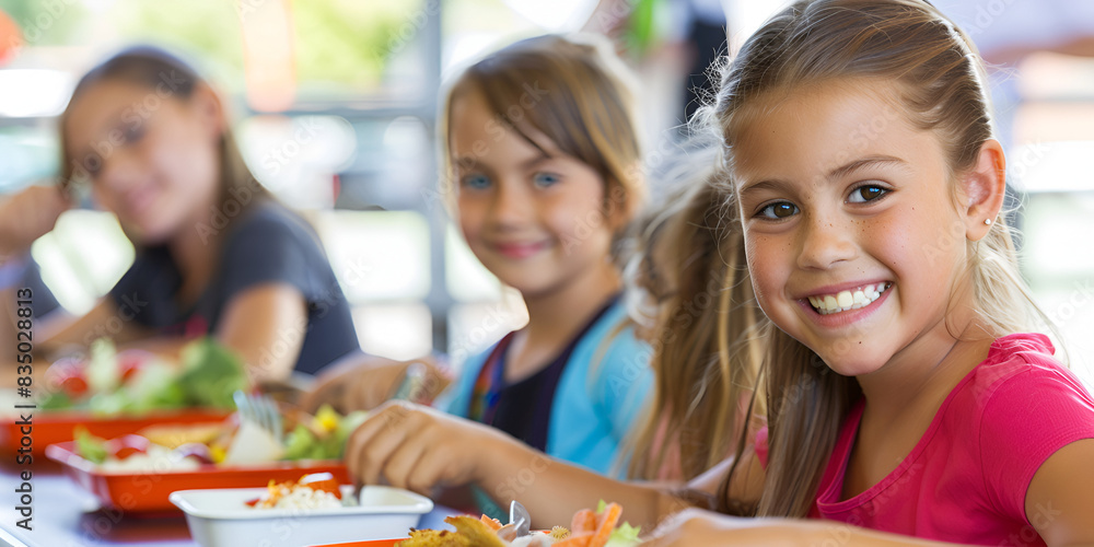Happy Children Eating Lunch, Smiling Kids at School Cafeteria, A group of children are smiling and eating food together, A joyful family gathering around a table filled with food and drinks Happy Children Eating Lunch, Smiling Kids at School Cafeteria, A group of children are smiling and eating food together, A joyful family gathering around a table filled with food and drinks