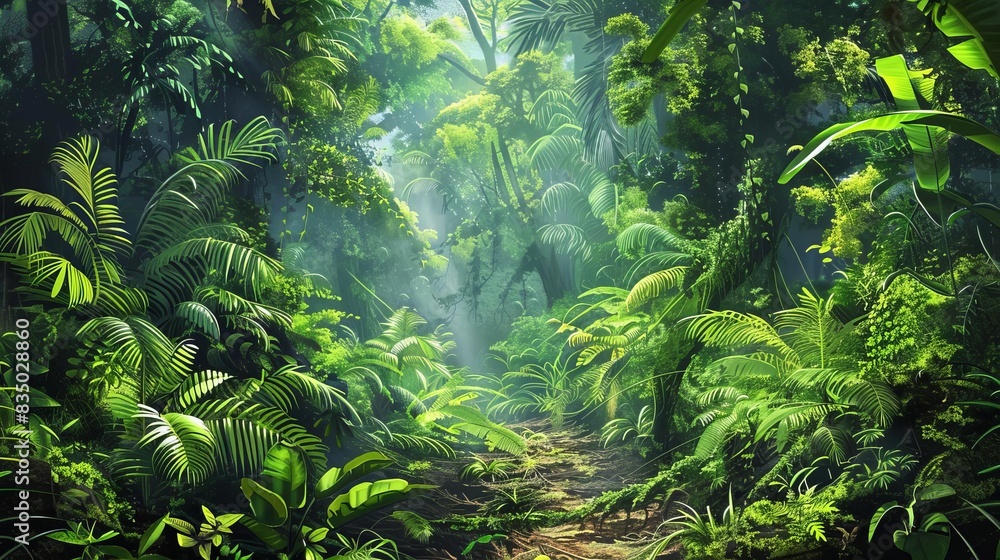 serene natural beauty of a lush rainforest with vibrant green foliage and tranquil atmosphere digital painting serene natural beauty of a lush rainforest with vibrant green foliage and tranquil atmosphere digital painting