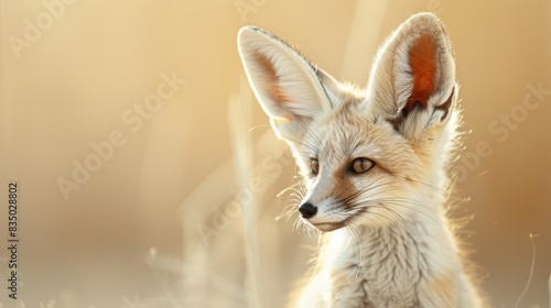 A Fennec fox  with its distinctive large ears  stares intently at the camera in the soft  golden light of the desert sunset