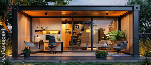 Fototapeta Naklejka Na Ścianę i Meble -  Elegant workspace in a container office with sunset light and a fern plant