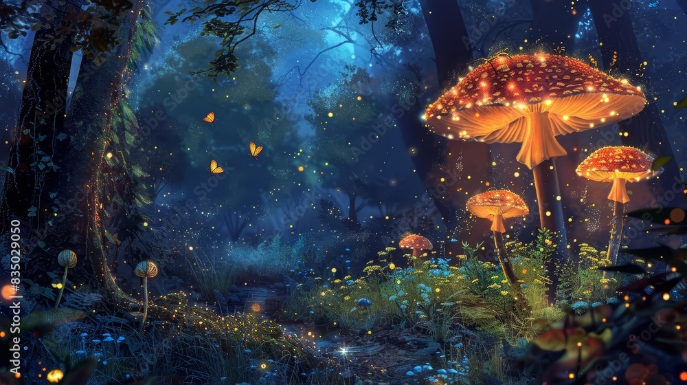 Naklejka premium serene nighttime nature scene luminescent mushrooms and fireflies enchanted forest digital painting