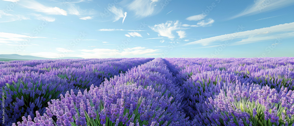 Obraz premium A vibrant field of lavender under a clear blue sky