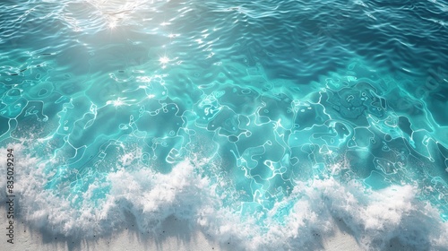 Bright sunlight reflects on the sparkling turquoise ocean waves as they crash gently onto the sandy shore