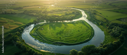A stunning aerial view of a winding river through a dense forest