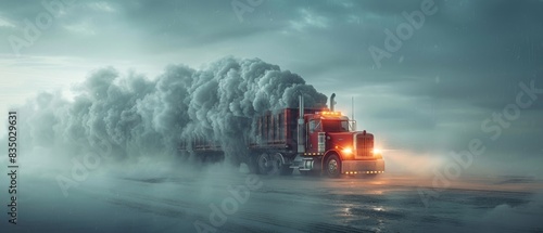 A red semi truck is driving through a snowstorm photo