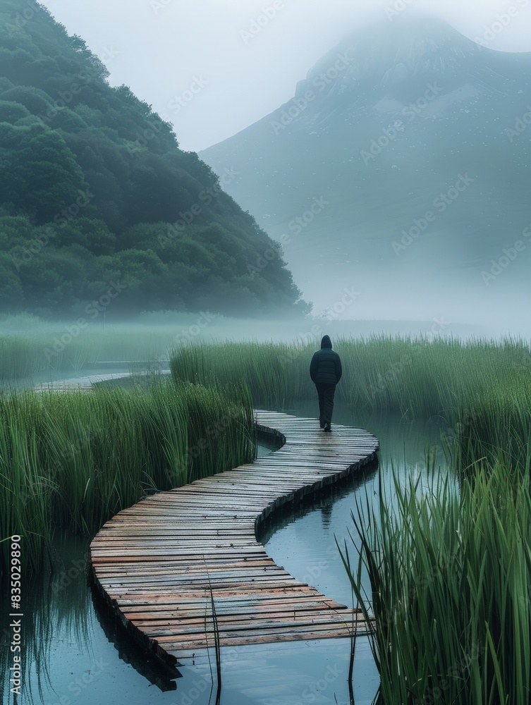 A documentary-style image of a person walking along a wooden boardwalk through a wetland area, carefully designed to minimize environmental impact. The minimalist composition focuses on low-impact A documentary-style image of a person walking along a wooden boardwalk through a wetland area, carefully designed to minimize environmental impact. The minimalist composition focuses on low-impact