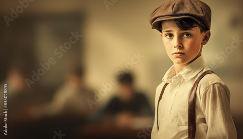 A boy in a school uniform stands in front of a group of other children photo