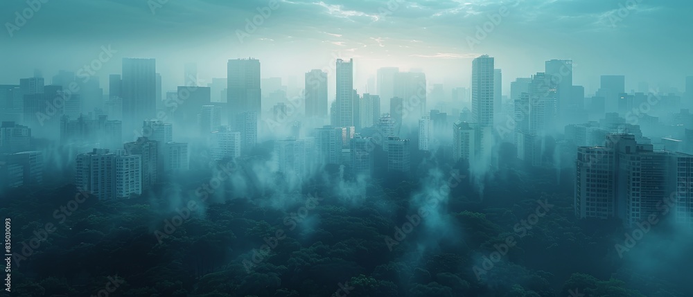 A city skyline is shown in a foggy, hazy atmosphere A city skyline is shown in a foggy, hazy atmosphere