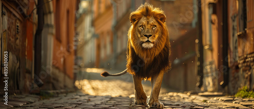 A lion walking confidently down a narrow cobbled alley photo