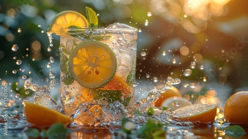 This dynamic shot features a refreshing iced lemonade with lemon slices, mint leaves, and an energetic splash of water
