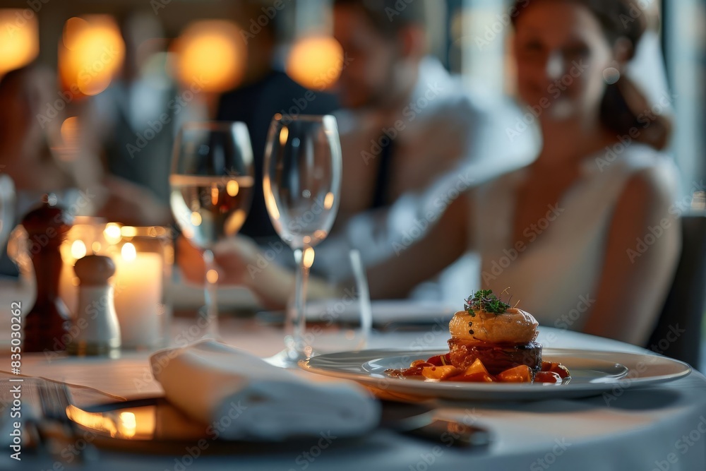 A waiter serving an elegantly plated dish to a couple at a fine dining restaurant close up, service theme, realistic, blend mode, fine dining backdrop A waiter serving an elegantly plated dish to a couple at a fine dining restaurant close up, service theme, realistic, blend mode, fine dining backdrop