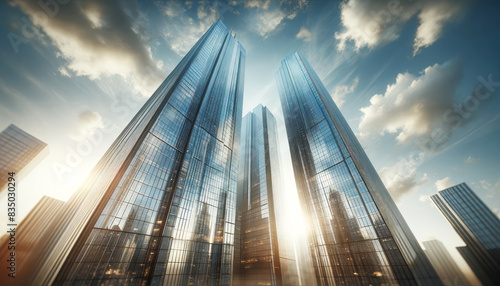 Skyscrapers soaring into a cloudy sky bathed in sunlight  with a photo-realistic style on a natural background  conveying the concept of urban growth. Generative AI